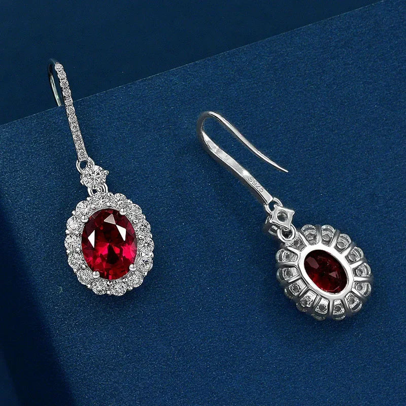 Drop Earrings With Oval Cut Ruby And Sapphire Stones In Sterling Silver 925, Vintage Style