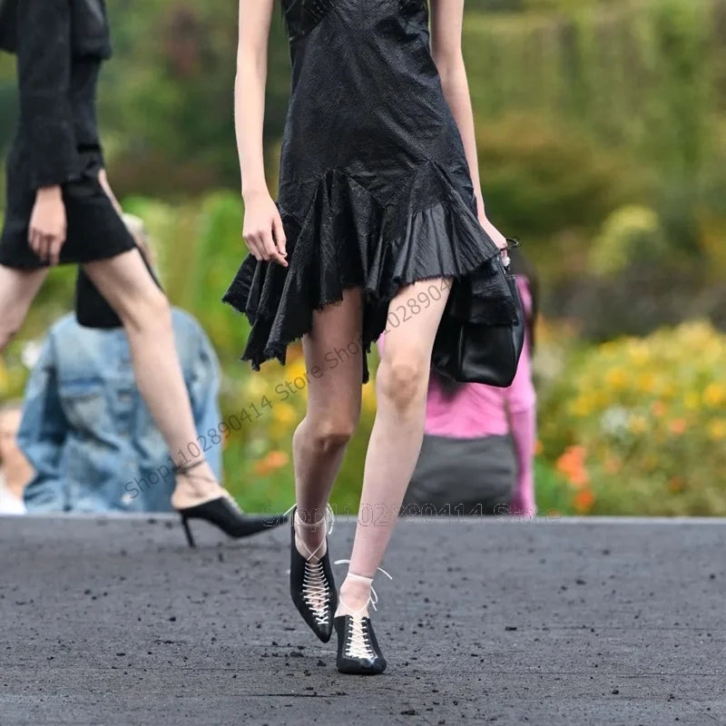 Black Hollow Cross Tie Pointed Toe Heeled Sandals For Women