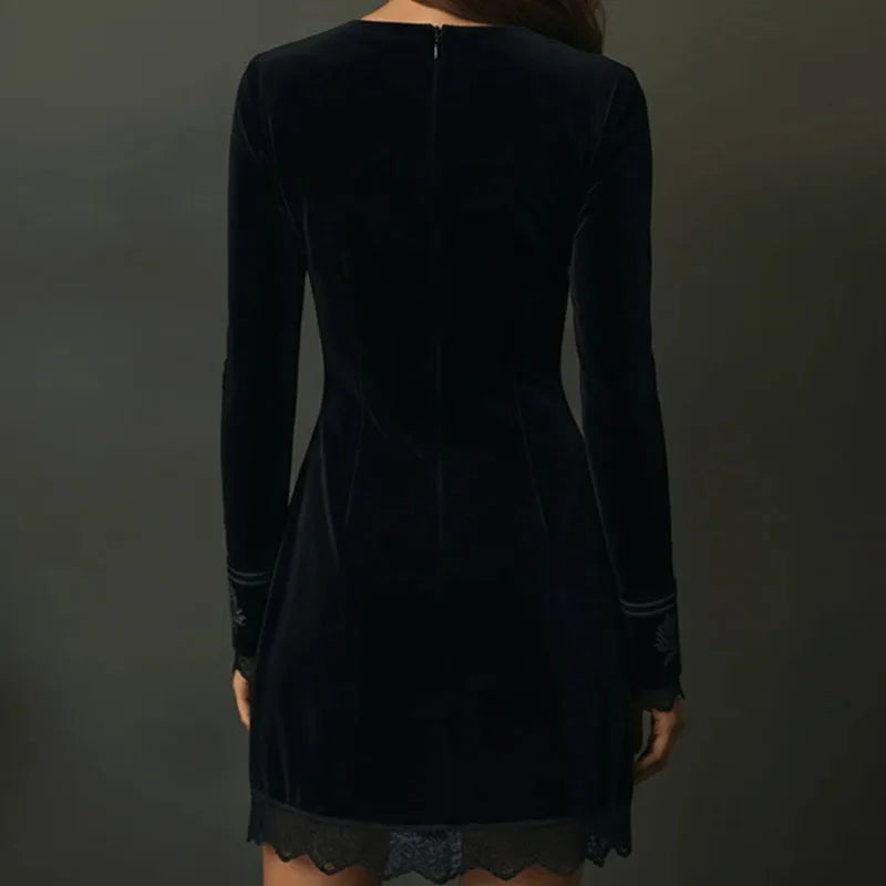 Sexy Deep V Neck Hollow Slim Mini Dress Woman Floral Print Patchwork Lace Party Dress Autumn New Long Sleeve Back Zip Boho Dress