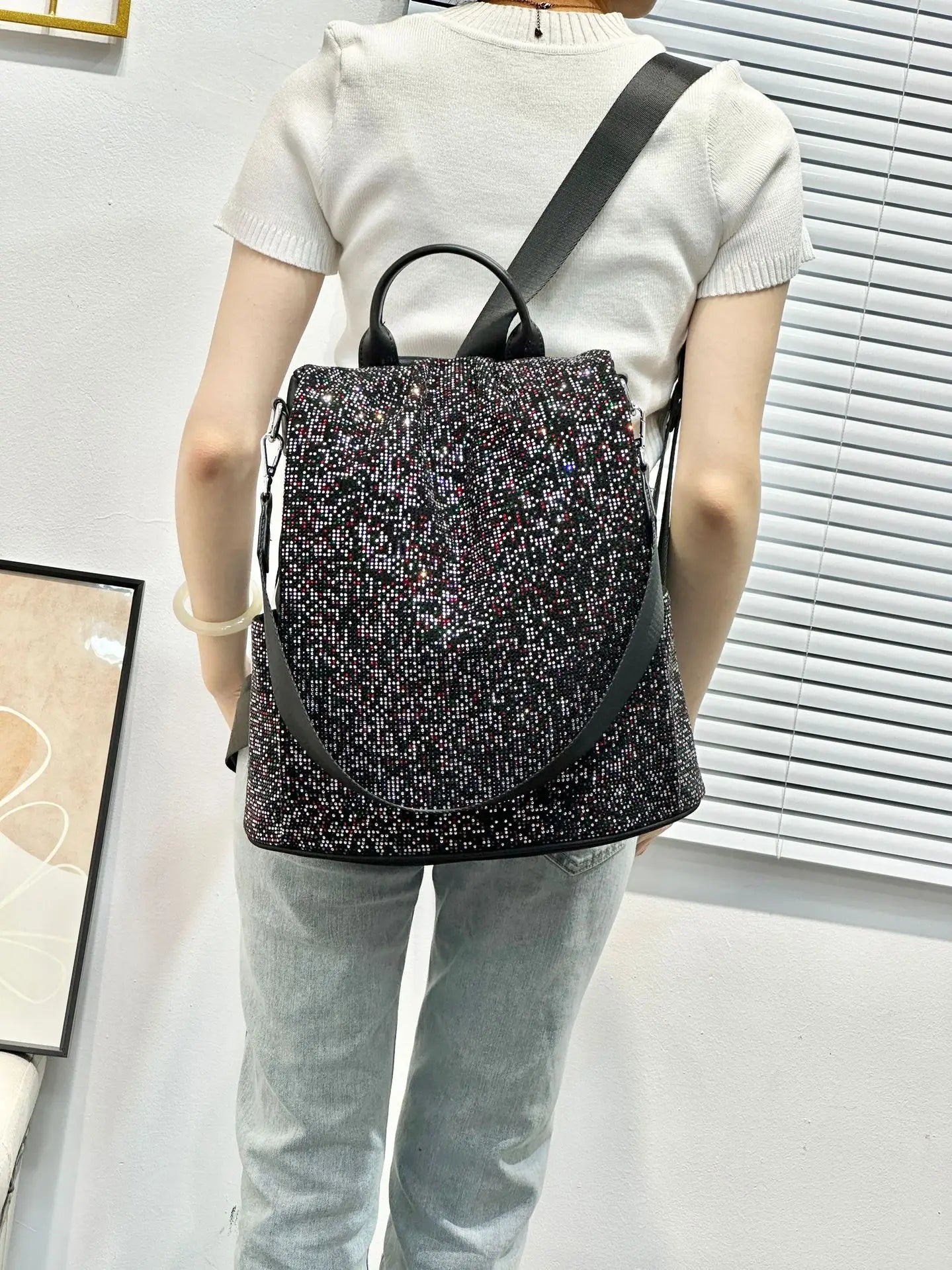 ABQP New Women's Diamond Backpack Large Capacity Women's Backpack Multifunctional Fashion Hot Diamond Casual Travel Backpack
