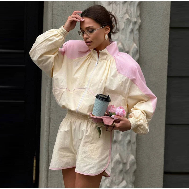 Contrast Half-Zip Stand Collar Short Jacket for Women