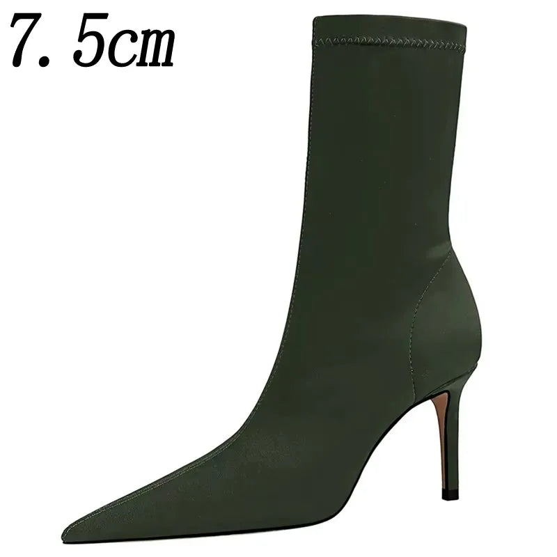 Pointed Toe Elastic High Heel Ankle Boots for Women