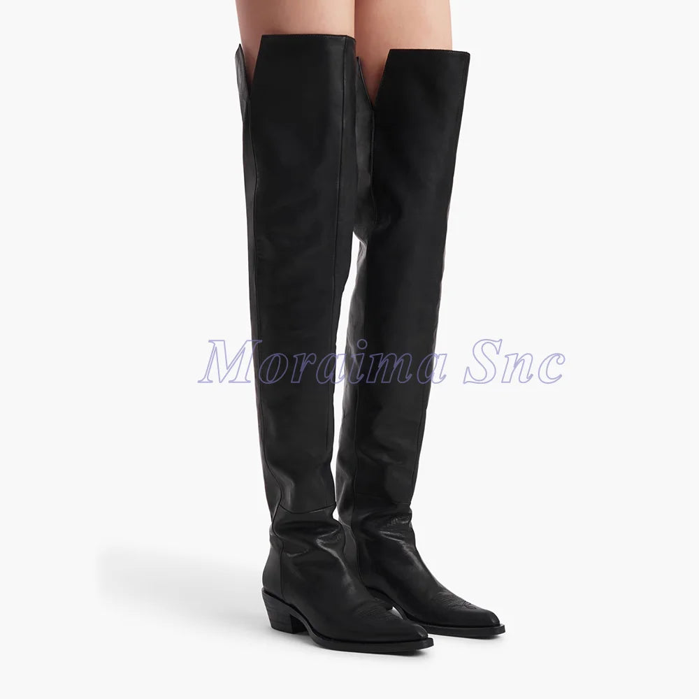 Slip On Pointed Toe Over Knee Chunky Heel Boots for Women