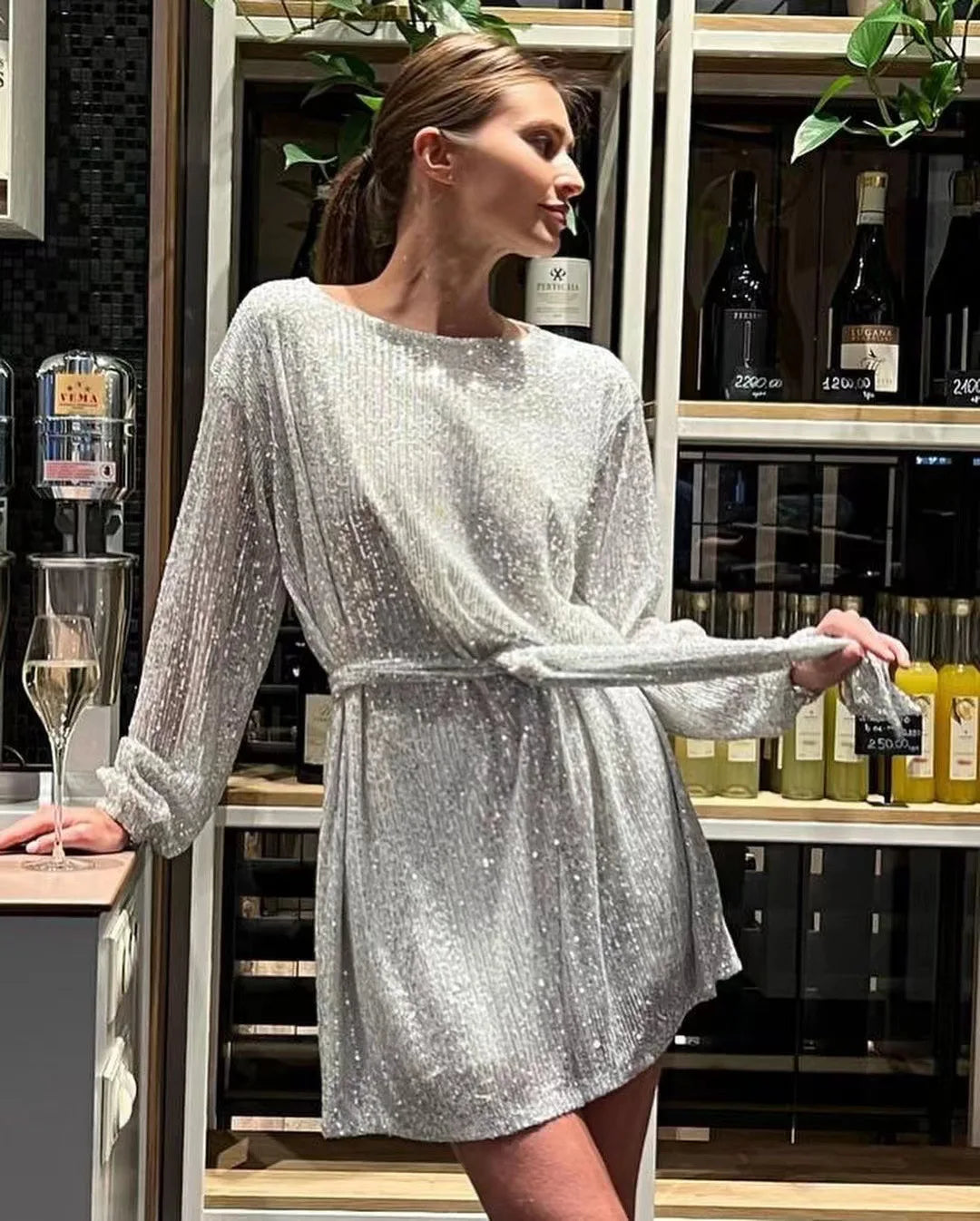 Sparkly Puff Long Sleeve Party Dress with Belt for Women Glitter Beaded Mini Dress Loose Wedding Bridesmaid Ladies Short Dresses