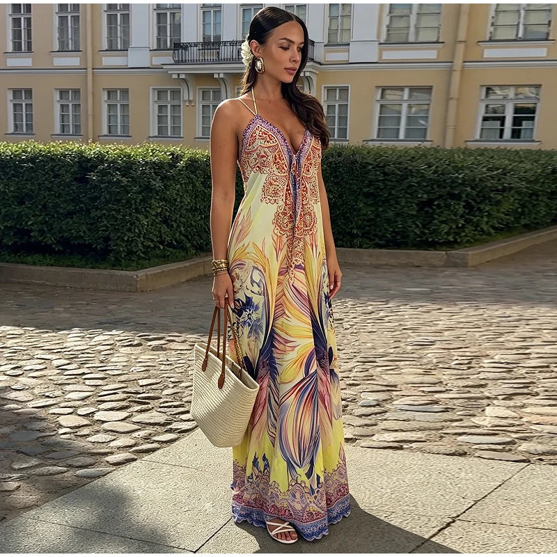 Beach Print Halter Neck Backless Long Dress for Women