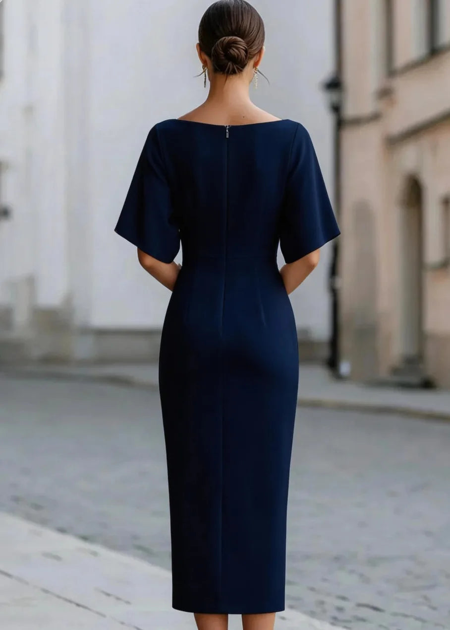 Elegant Office Midi Dress With Short Sleeves For Women