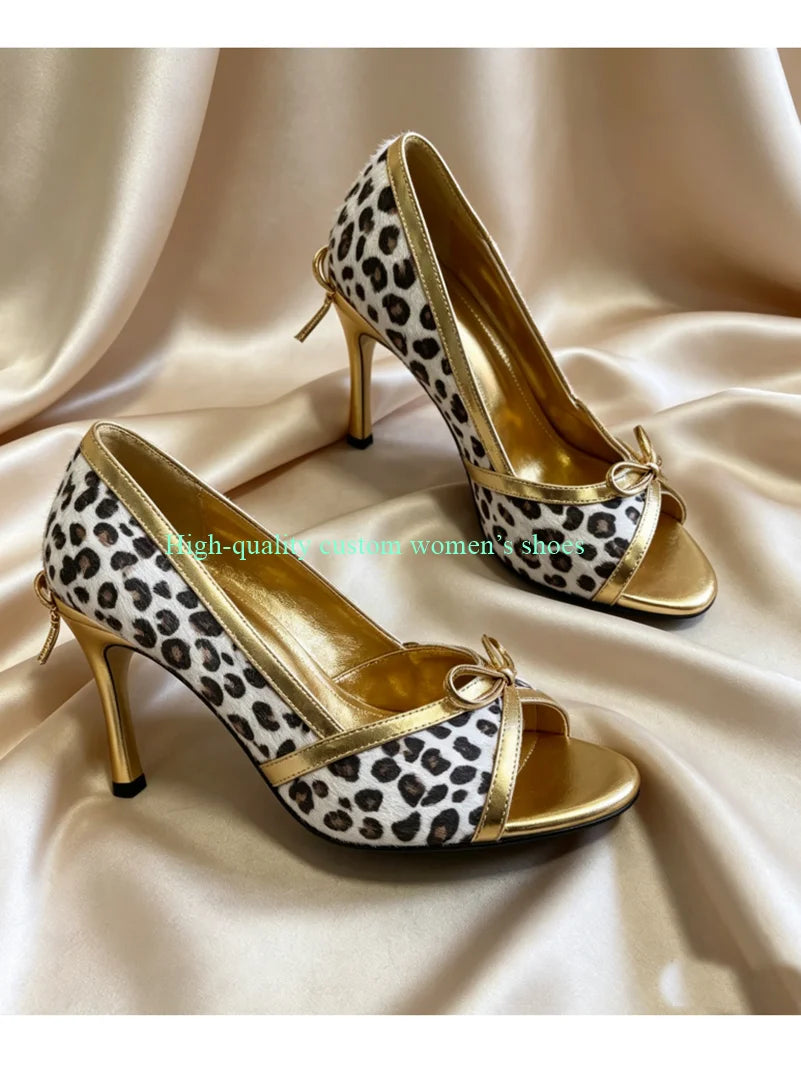 Leopard Print Gold Lace Bow Strappy Sandals for Women
