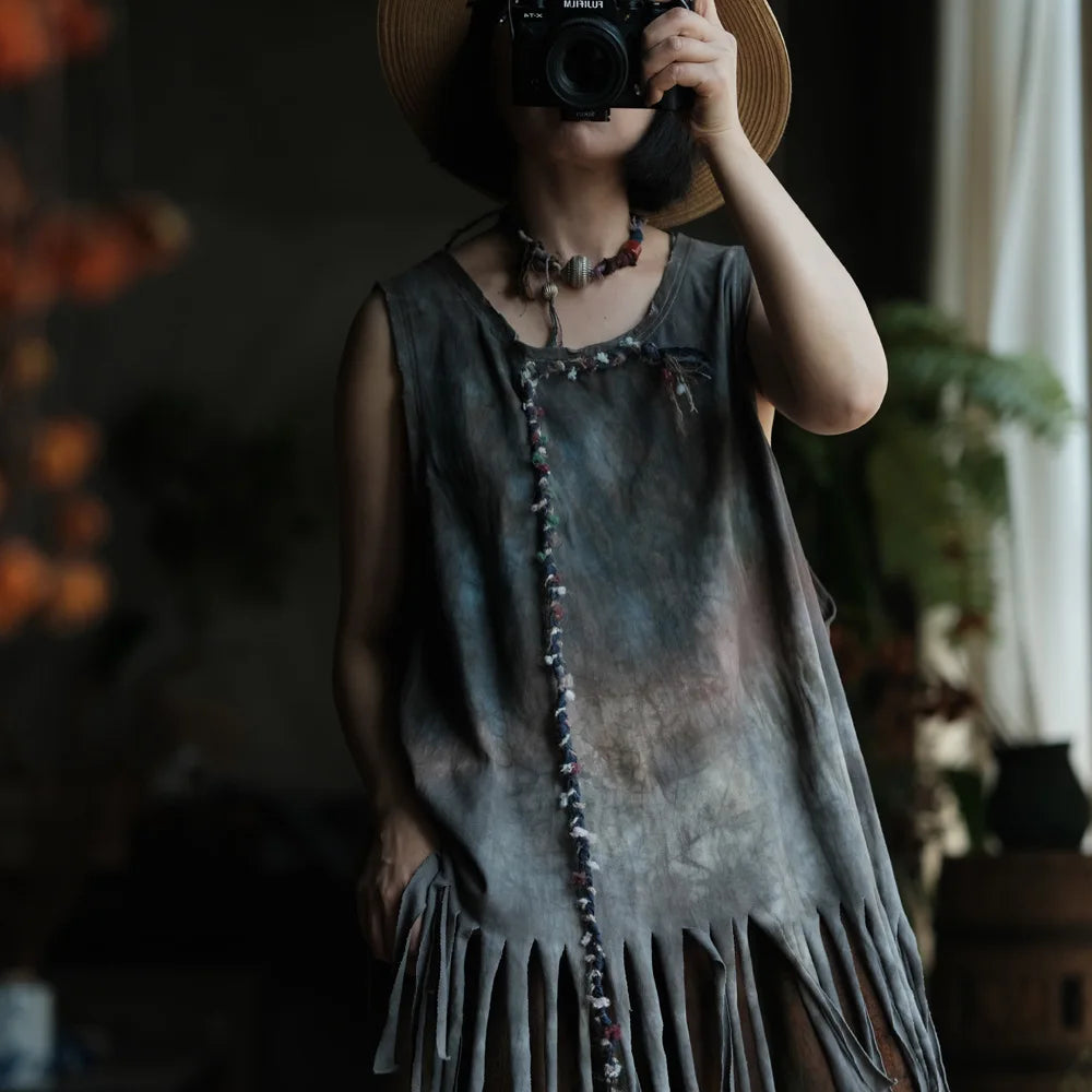 Casual Loose Fit Print Tassels Tank Top Cotton for Women
