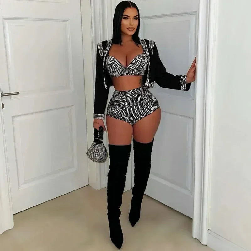 Rhinestone Three Piece Crop Top And Shorts Set for Women