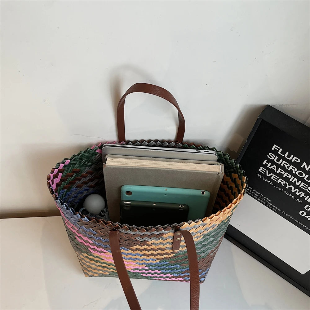 Colorful Braided PVC Tote Bag for Women With Large Capacity