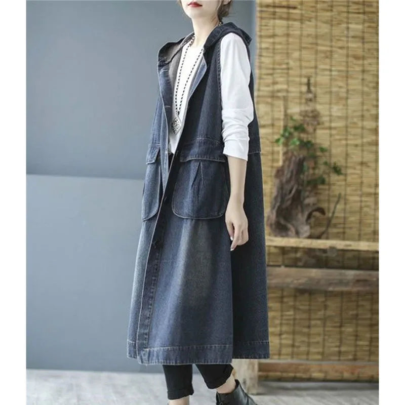 Loose Fit Hooded Denim Vest With Big Pockets For Women