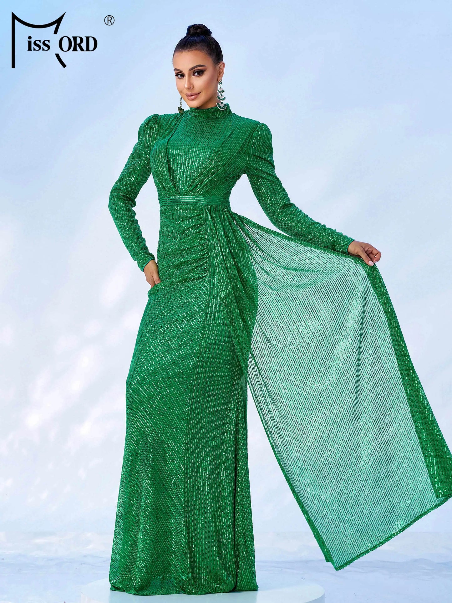 Missord Round Neck Long Sleeved Sequin Mermaid Evening Fashionable Exquisite Cocktail Prom Dress