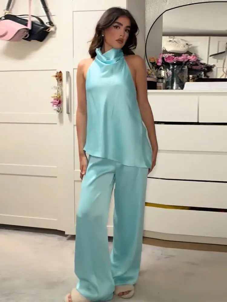 Turquoise Satin Cowl Neck Halter Top And Wide Leg Pants 2 Piece Set For Women