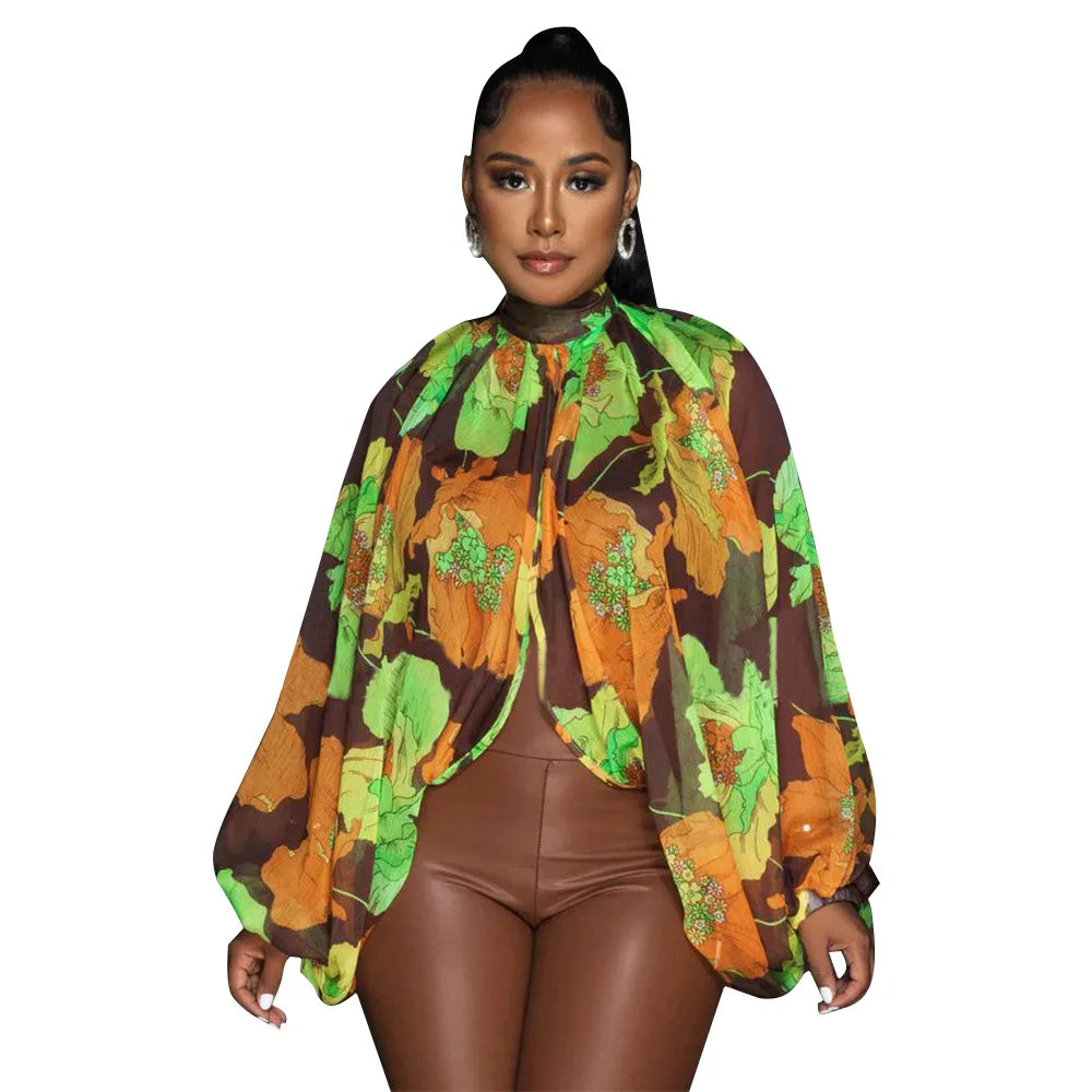 Sheer Lantern Sleeve Blouse with Tie Back for Women