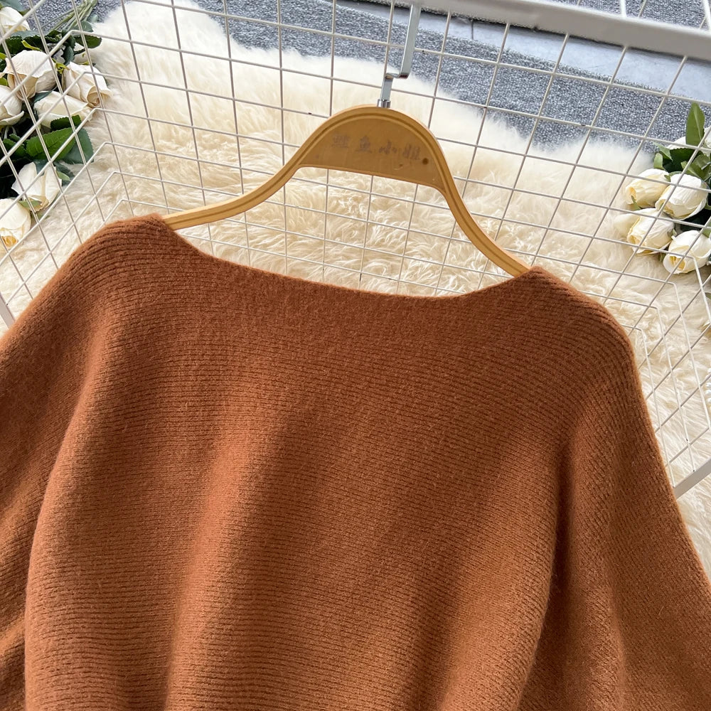 Batwing Sleeve Knit Top and High Waist Skirt Set for Women