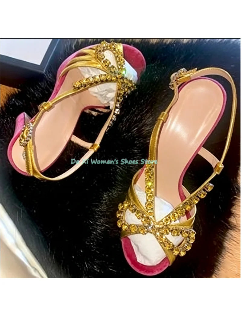 Rhinestone Bow Open Toe Velvet Stilettos for Women