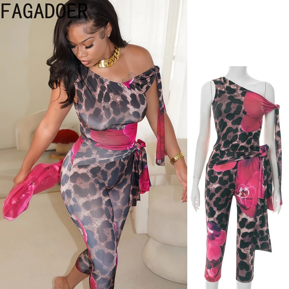 FAGADOER Sexy Leopard Floral Print Two Piece Outfits Woman Skew Collar Bandage Tank Tops + Skinny Pants Matching Streetwear New