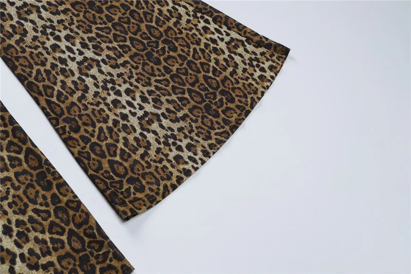Leopard Mesh Bodysuit And Flare Pants Set for Women