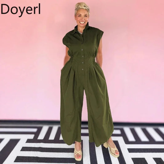 Doyerl Solid Casual Summer Jumpsuit Woman Clothing Turn-down Collar Button Up Sleeveless Loose Rompers One Piece Overalls 2025