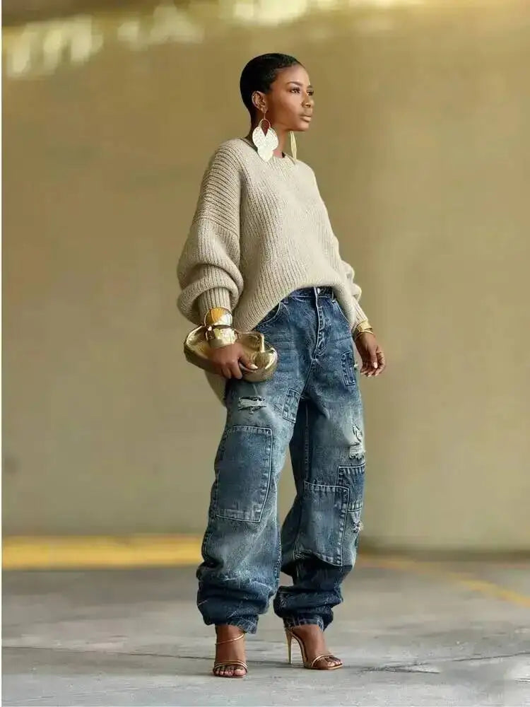Washed Distressed Patchwork Loose Fit Jeans for Women