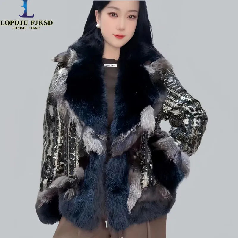 Faux Fur Coats for Women,Covered ButtonJacket,Thicken Warm Female Clothes,Luxury,Fox Fur Collar,Spliced,Sequins,New, Winter