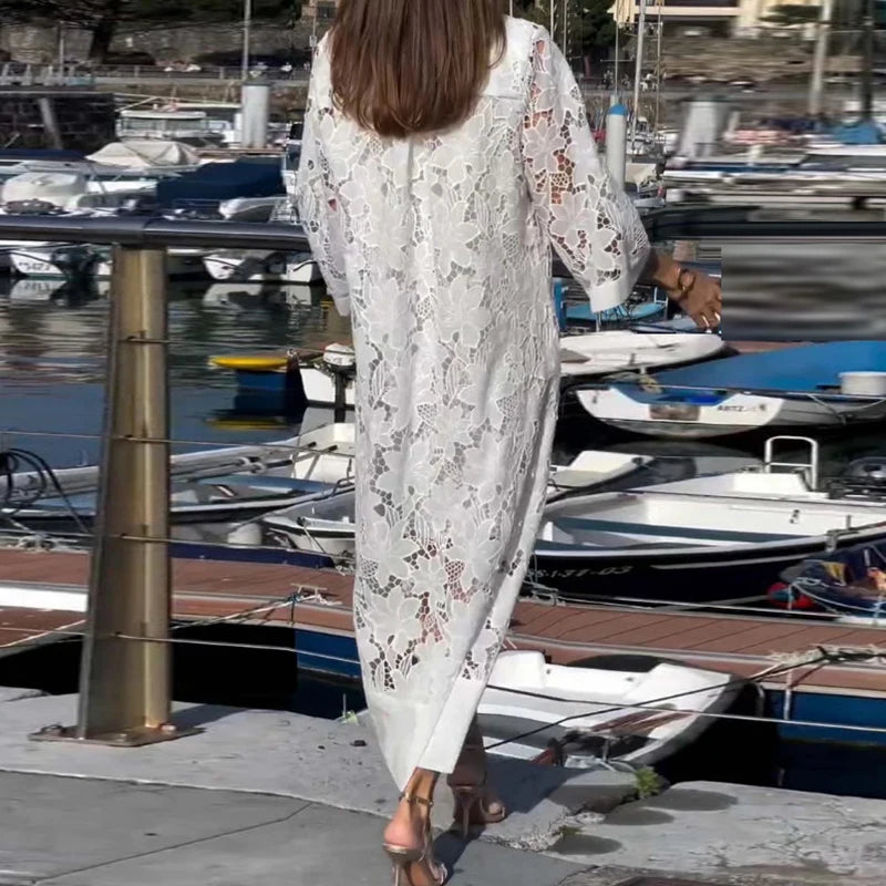 Summer Women White Lace Hollow Evening Dress Elegant V Neck Contrast Patchwork Mesh Women Long Sleeve Party lace Dress 2 piec