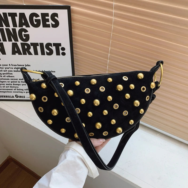 Faux Suede Rivet Half Moon Shoulder Bag for Women