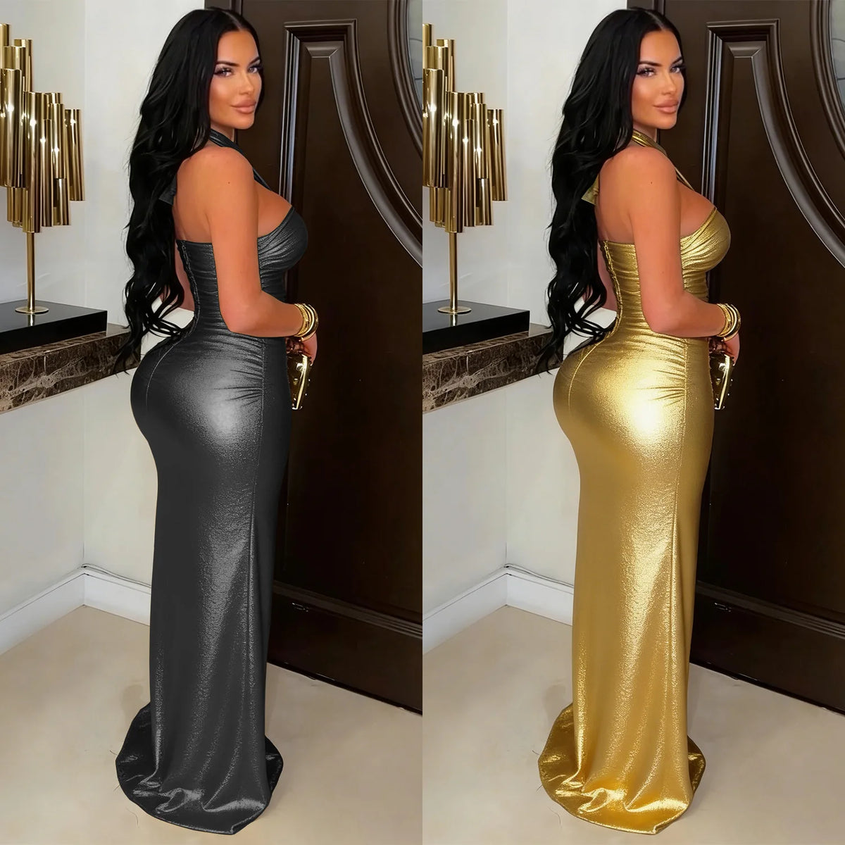 Sleeveless Halter Backless Slit Bodycon Maxi Dress for Women