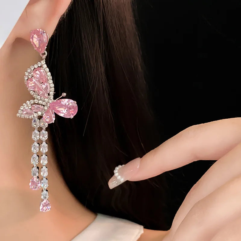 Pink Zircon Butterfly Tassel Earrings