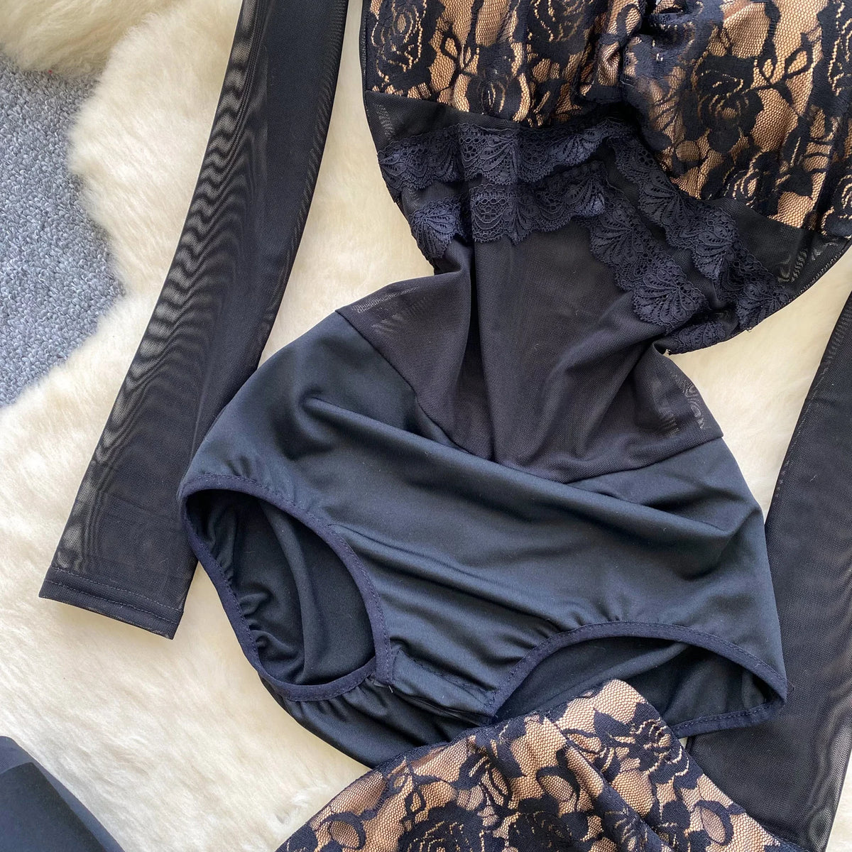 Floral Lace Mesh Bodysuit and Ruffle Mini Skirt Set for Women