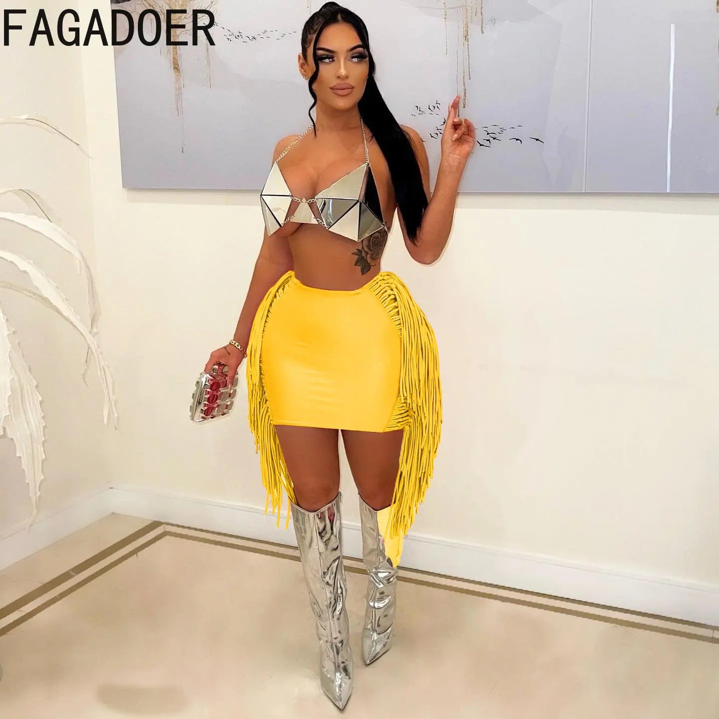 FAGADOER Sexy Tassel Bodycon Mini Skirts Party Club Outfits Women Fashion Chic Streetwear Short Birthday Holidays Skirt Solid