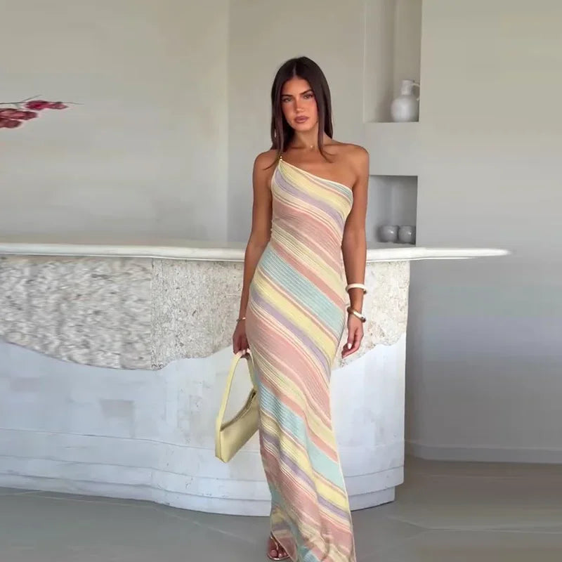 Elegant One Shoulder Printed Mid-Calf Dress for Women