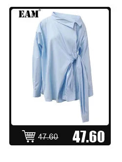 [EAM] Women Blue Pleated Hem Long Big Size Blouse New Stand Collar Long Sleeve Shirt Fashion Tide Spring Autumn 2025 1DH5707
