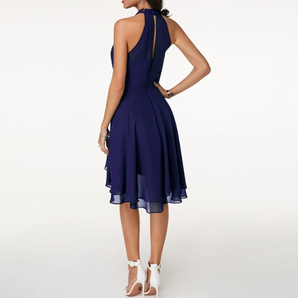 Elegant Sleeveless Halter Neck Chiffon Midi Dress for Women