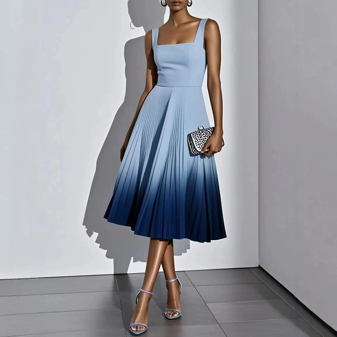 Sleeveless Gradient Print A Line Pleated Midi Dress for Women