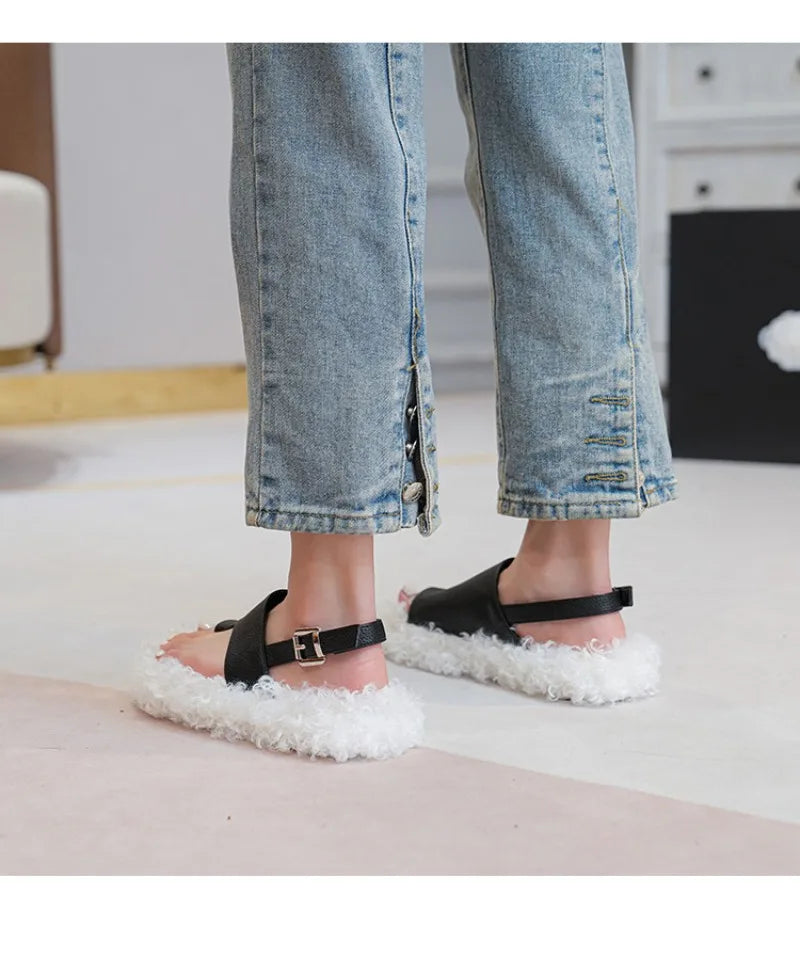 Cozy Plush Buckle Strap Flat Toe Slippers for Women