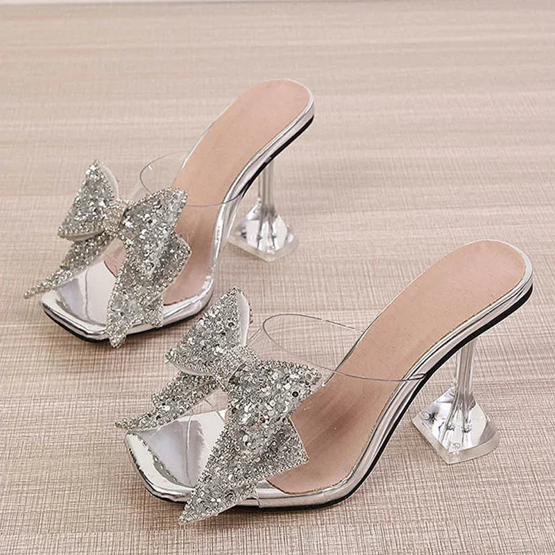 Transparent Crystal Bowknot High Heel Mules for Women