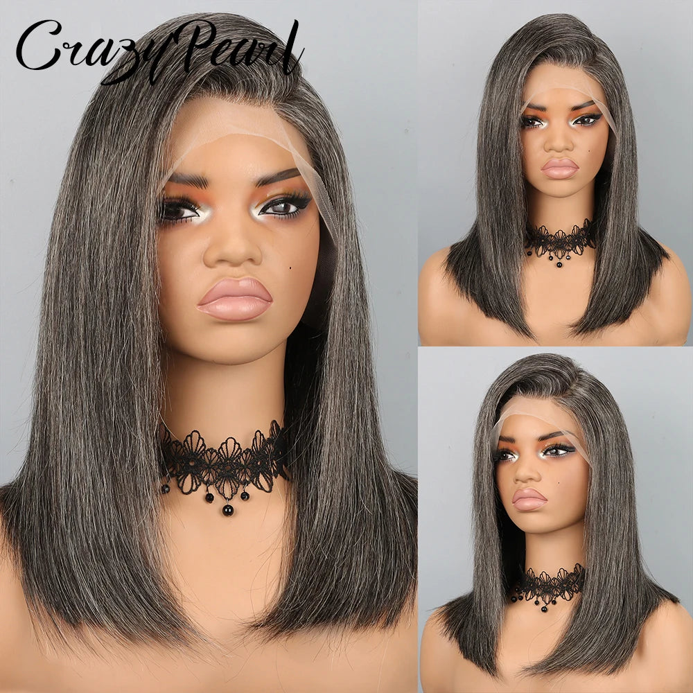 Salt And Pepper Gray Human Hair Bob Wig for Women
