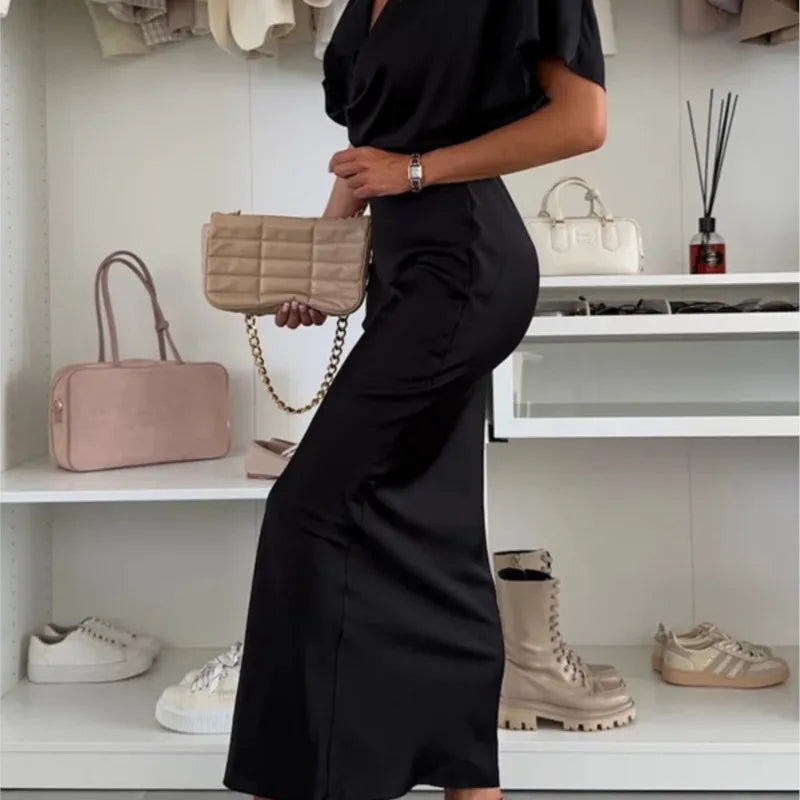 2025 Womens Satin Dresses Summer Khaki Black Blue Dress Woman V-Neck Bat Sleeve Vestidos Elegant Luxury Dresses