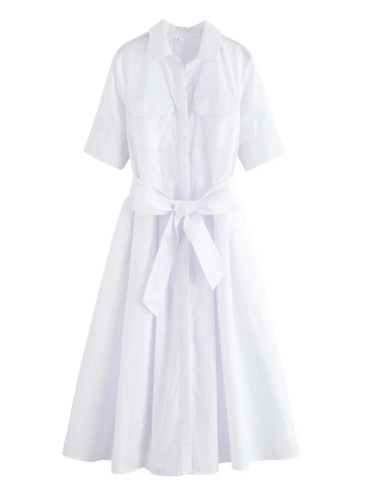 Lapel Casual Pockets Short Sleeve Shirt Dress for Women