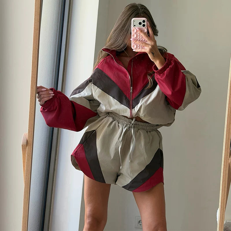 Contrast Color Zip Jacket and Shorts Two Piece Set for Women
