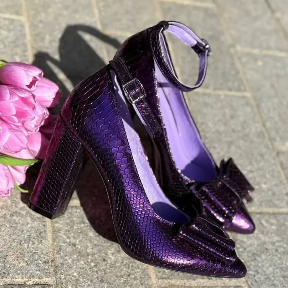 Oversized Bow Shimmery Violet Snake Pointed Toe Buckle Block Heels For Women