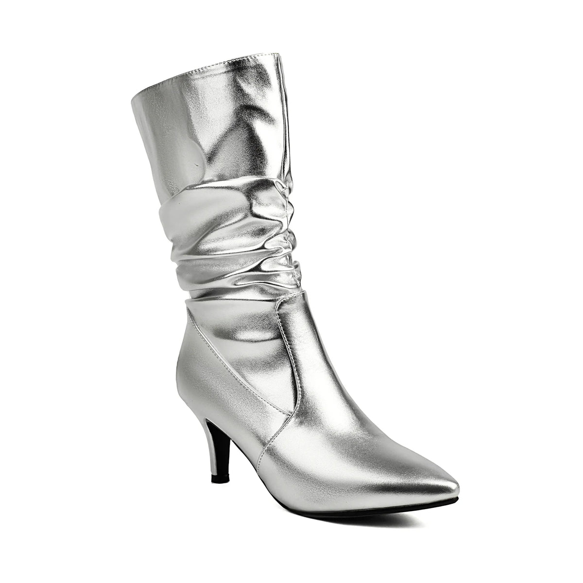 Metallic Pleated Pointed Toe Mid-Calf Stiletto Boots for Women