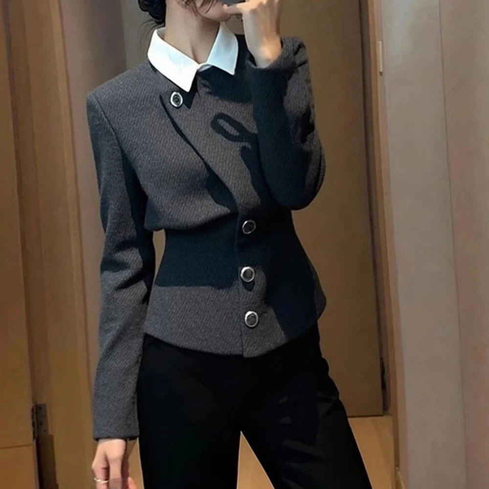 Grey Faux Two Piece Button Detail Casual Coat For Women