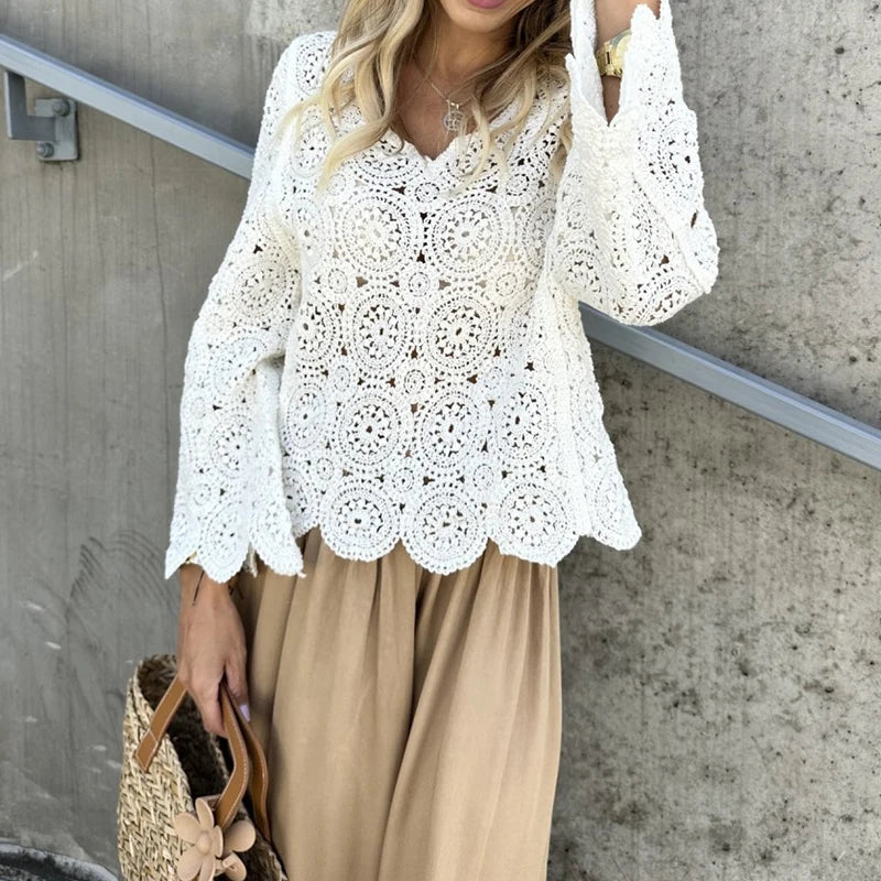 New Casual Solid Color Beach Cover Tees Sexy V-neck Long Sleeved Crochet Top Summer Vacation Hollow Out Knitted Women's T-shirt