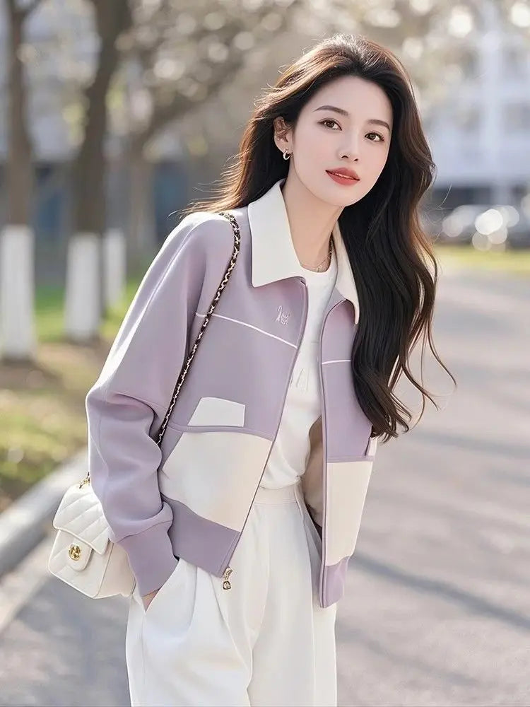 Purple Slim Fit Zip Up Knit Cardigan With Pockets For Women