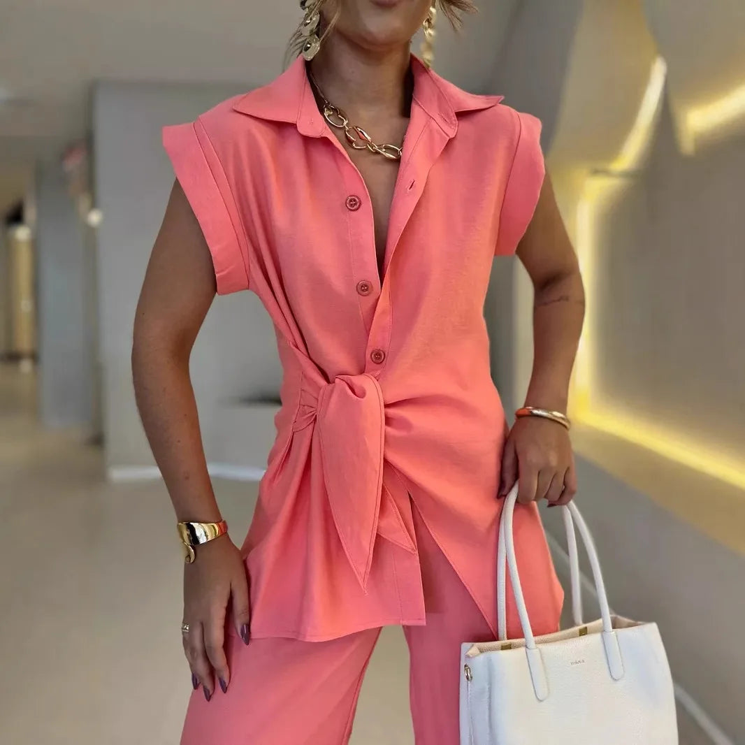 Sleeveless Turn-Down Collar Two-Piece Set for Women