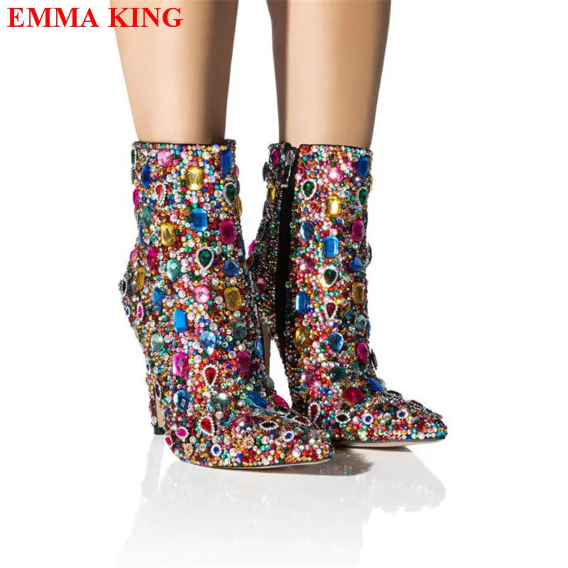 Multicolor Rhinestone Stiletto Ankle Boots For Women