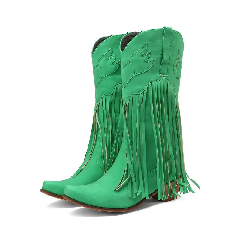 Retro Western Style Mid Calf Boots With Block Heel Tassels For Women