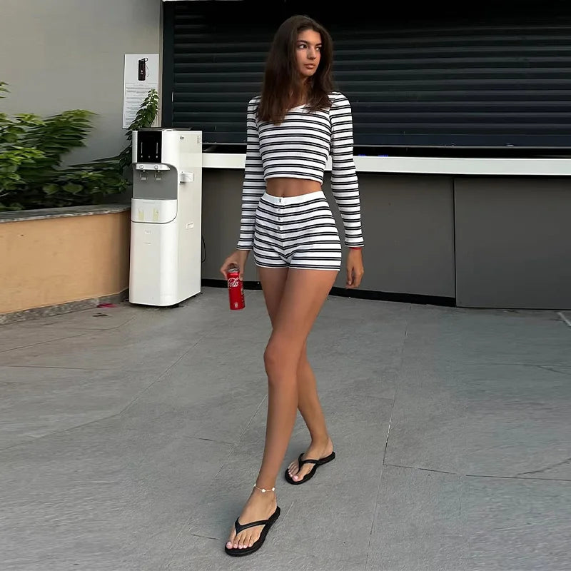 Striped Knit Top and Shorts Set with Button O Neck for Women